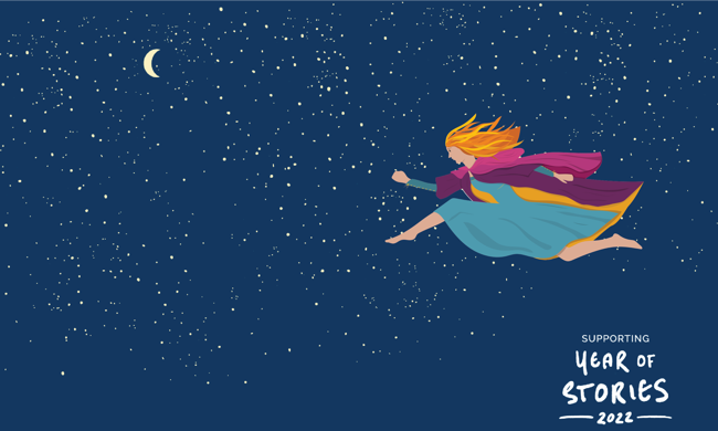 Illustration of starry night and woman leaping